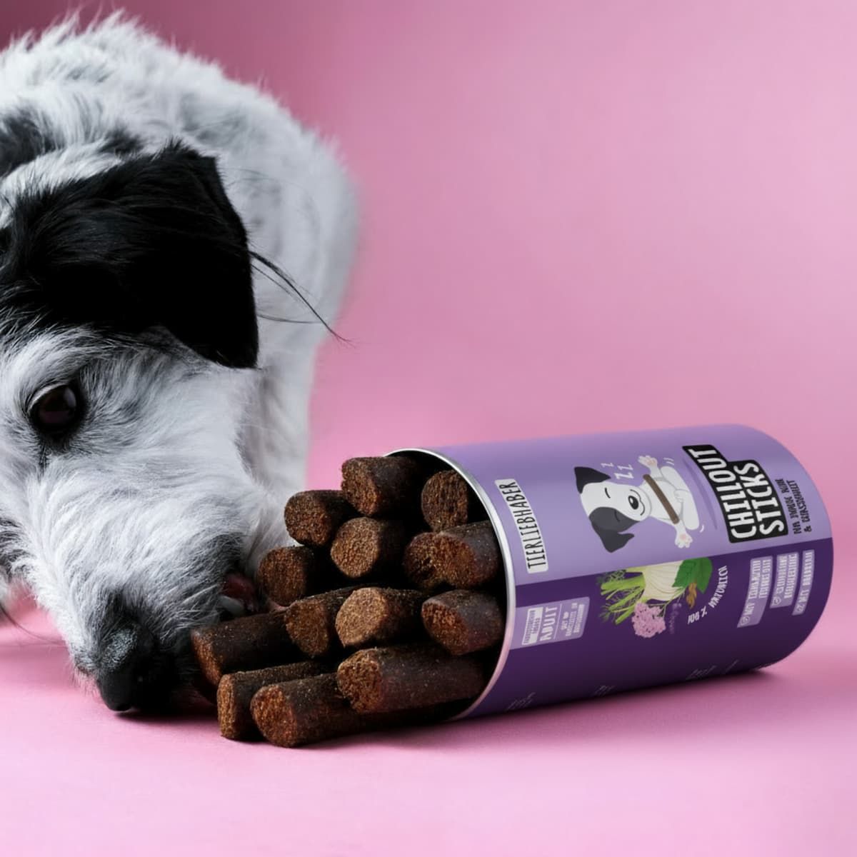 Geöffnete Dose mit Sticks. Hundeblick. Sticks braun, zylindrisch. Dose mit "Tierliebhaber Chillout Sticks". Text: "Für innere Ruhe & Gelassenheit".