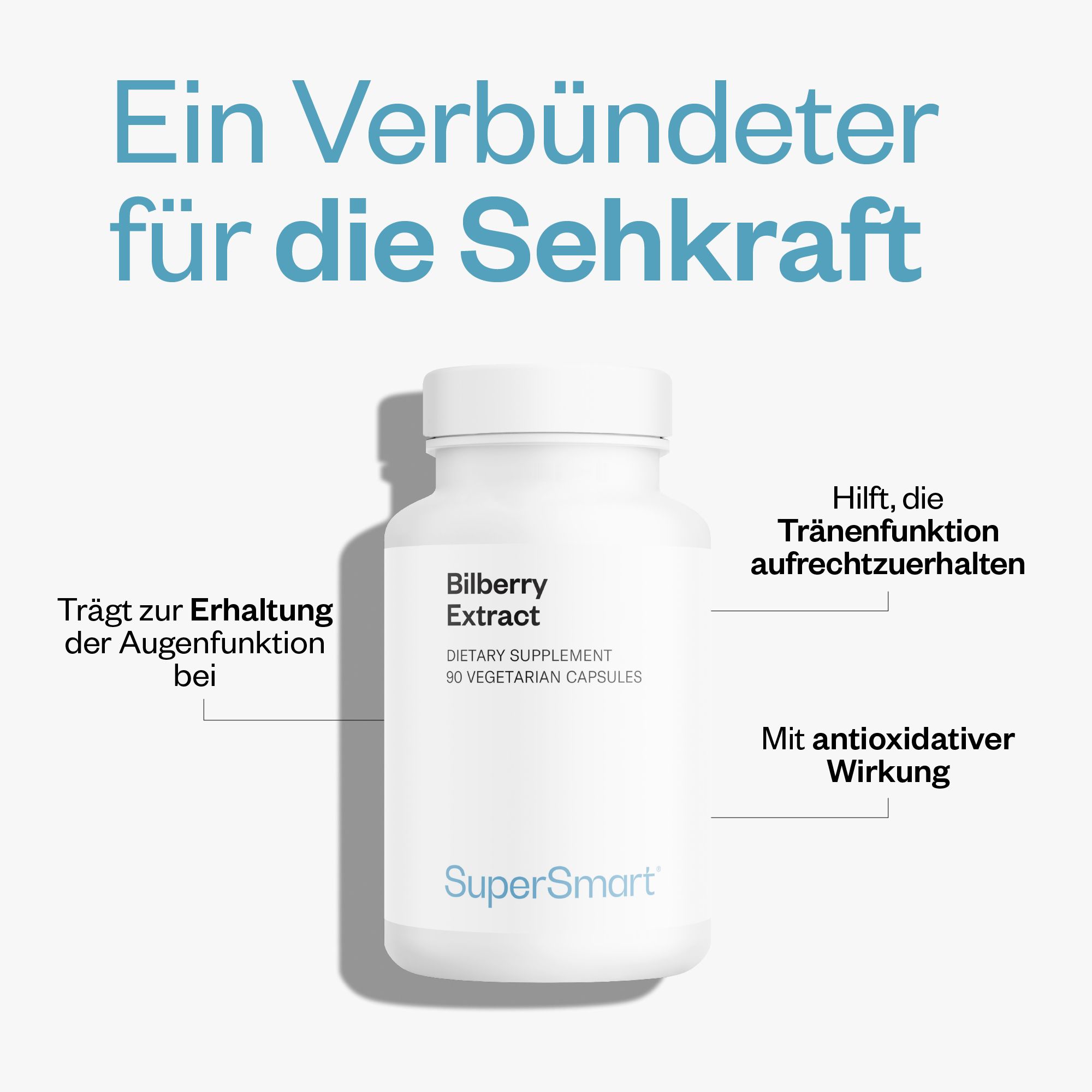 Weiße Flasche mit Bilberry Extract, 90 vegetarischen Kapseln. Marke: SuperSmart. Text: Eye Health, Dietary Supplement. Pfeile zeigen auf Produktvorteile.