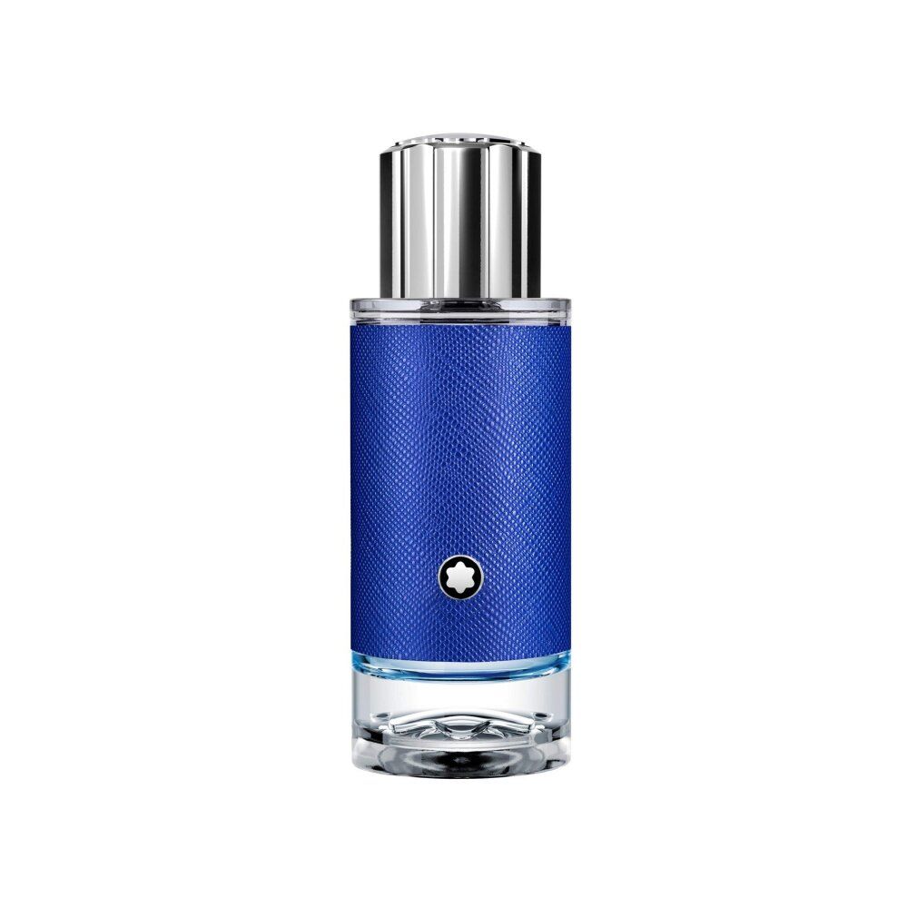Blauer Flakon mit silbernem Deckel. Montblanc-Logo. Blaue Textur. Glasboden. Eau de Parfum.