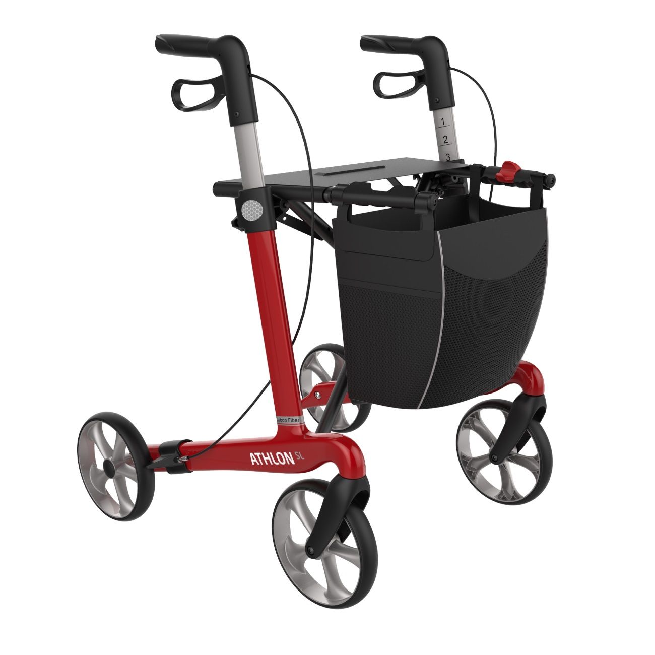 Roter Rollator mit drei Rädern. Schwarzer Korb und Griffe. Höhenverstellbar. Aufschrift: ATHLON SL.