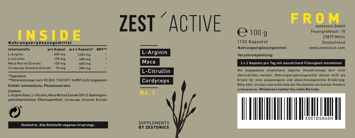 Etikett einer ZEST'ACTIVE Nahrungsergänzungsmittel-Flasche mit Inhaltsstoffen, Hersteller und Mengenangabe.