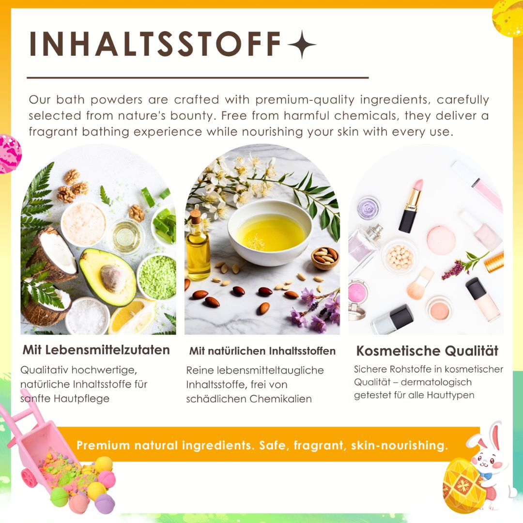 Grafik mit Inhaltsstoffen: Kokosnuss, Avocado, Matcha, Öl, Blüten, Lippenstift. Text: Premium natürliche Inhaltsstoffe.