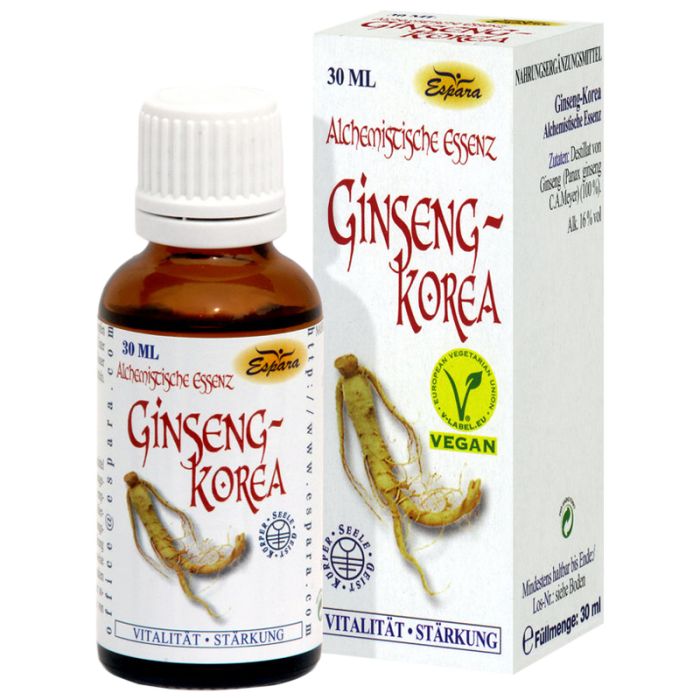 Braune Glasflasche mit weißem Verschluss und Karton. Aufschrift: Ginseng-Korea, Vegan-Siegel, 30 ml.