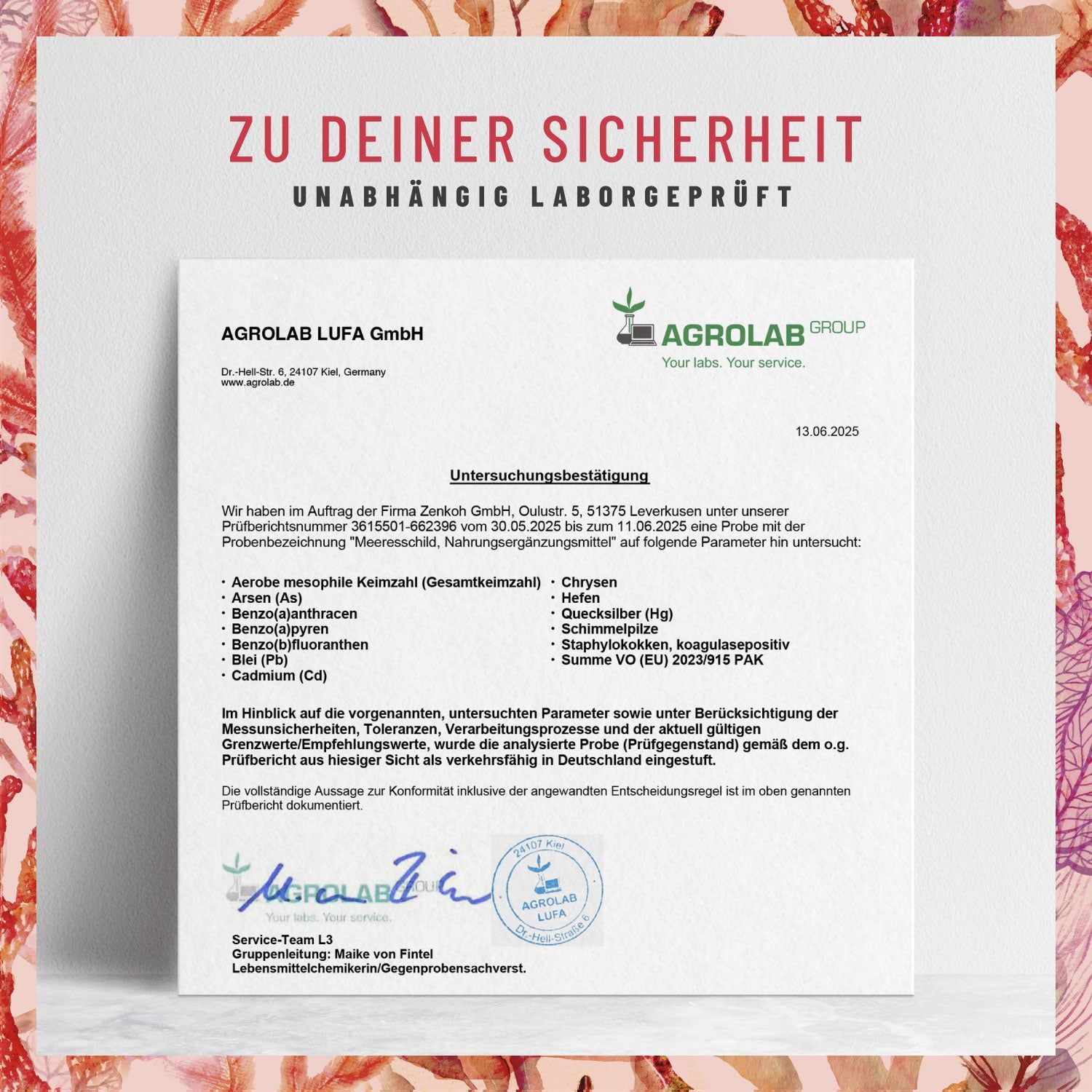 Zertifikat von Agrolab. Text: Unabhängig laborgeprüft. Parameter-Liste.