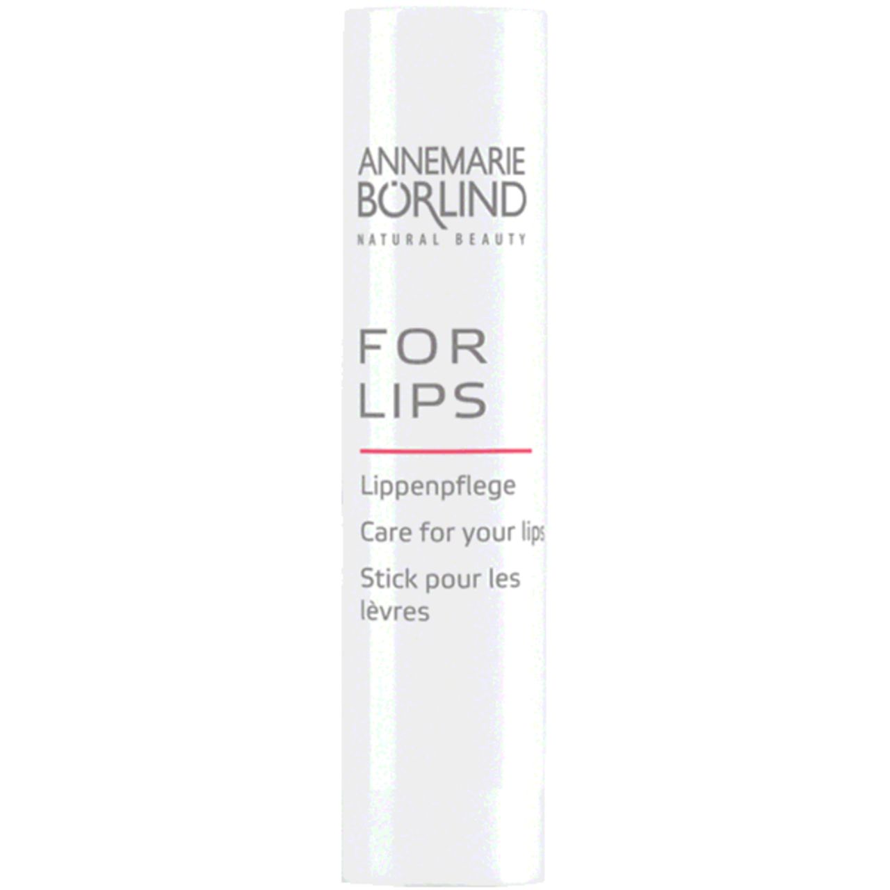 Weißer Lippenpflegestift. Marke: ANNEMARIE BÖRLIND FOR LIPS. Text: FOR LIPS, Schützende Lippenpflege.