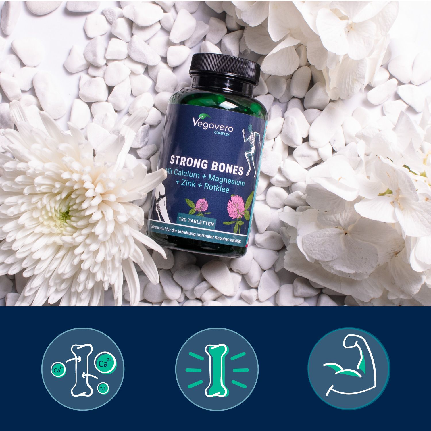 Grüne Flasche Strong Bones, umgeben von weißen Steinen und Blumen. Aufschrift: Vegavaro, Strong Bones, 180 Tabletten.