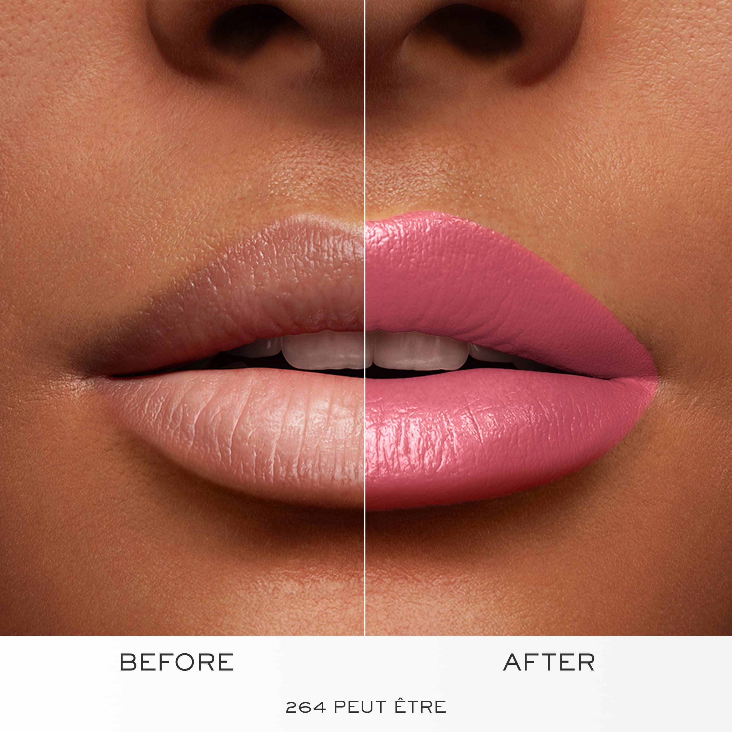 Lippen vor und nach dem Auftragen von Lippenstift. Farbton 264 PEUT ÊTRE. Rosa Farbton.