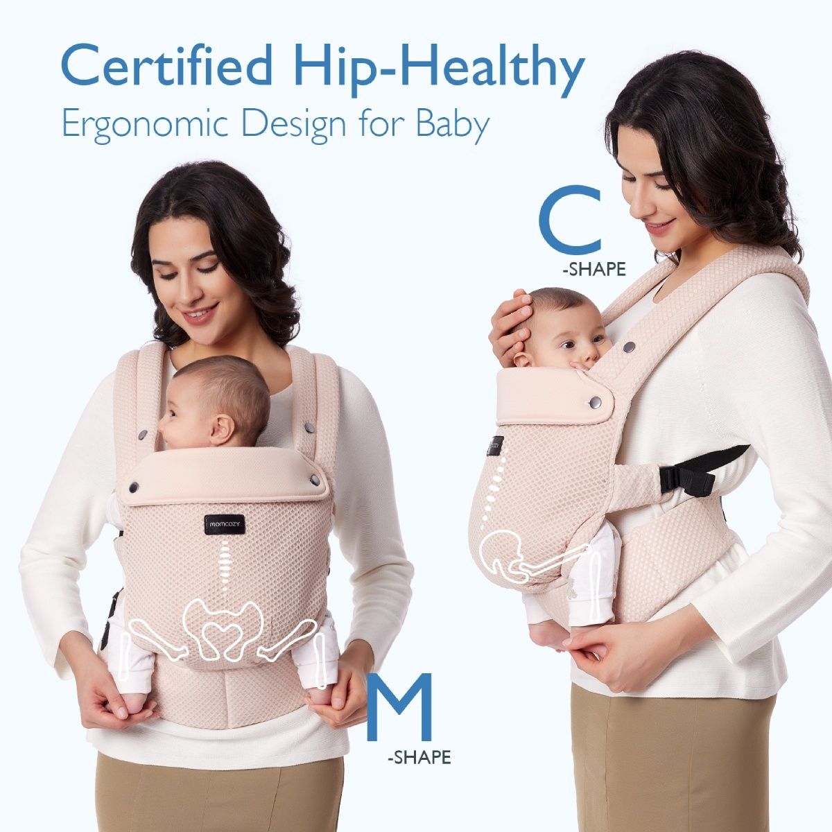 Babytrage in Rosa. Zwei Frauen halten Babys in der Trage. Anatomische Illustrationen zeigen die Hüftgesundheit. Momcozy-Logo sichtbar.