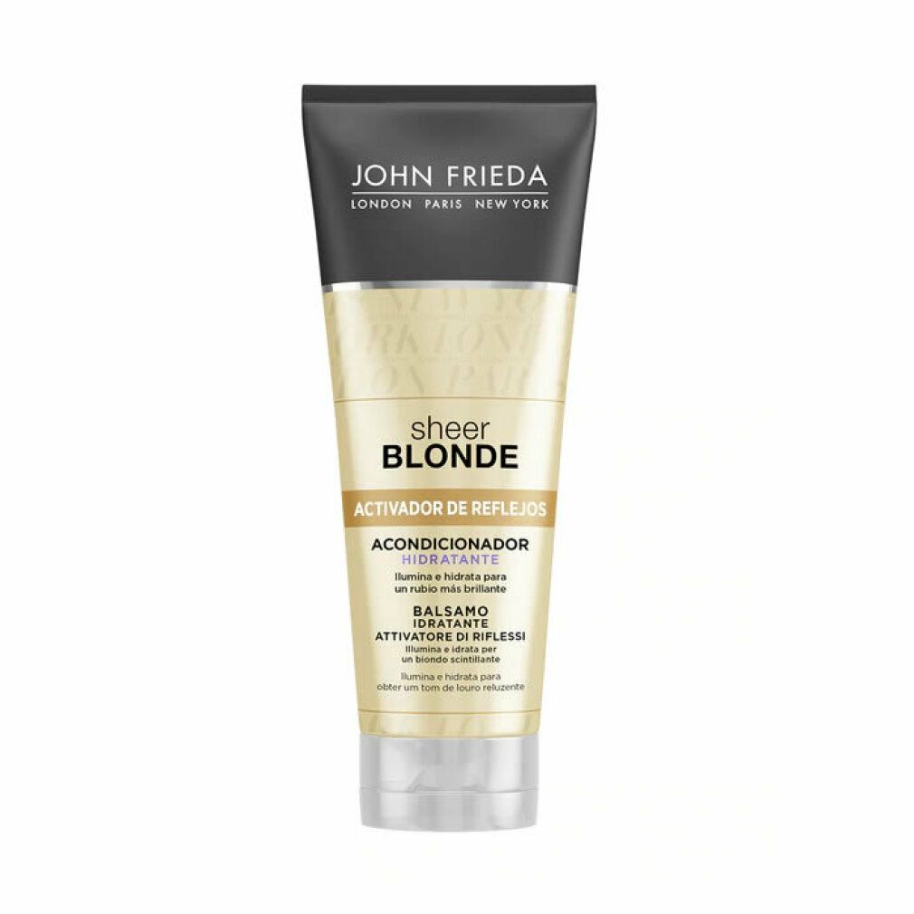 John Frieda Sheer Blonde Conditioner. Tube mit schwarzem Deckel und hellgelbem Körper. Text: Sheer Blonde, Activador de Reflejos, Acondicionador Hidratante.
