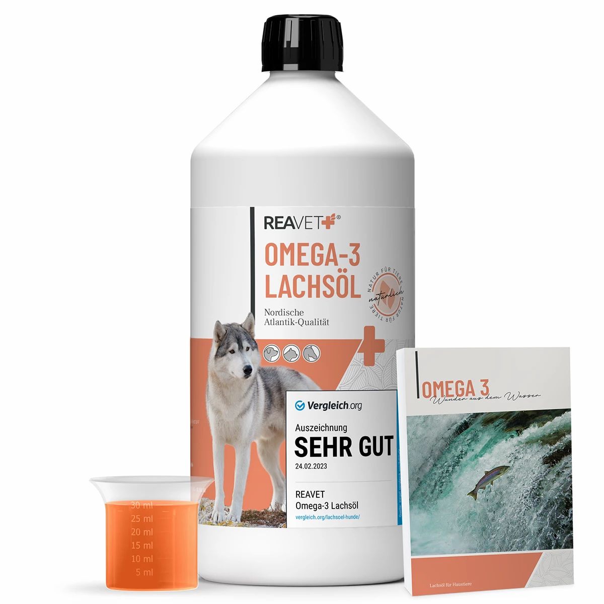 Flasche Omega-3 Lachsöl, Becher mit Öl, Broschüre. Auszeichnung 'Sehr Gut'. ReaVET.