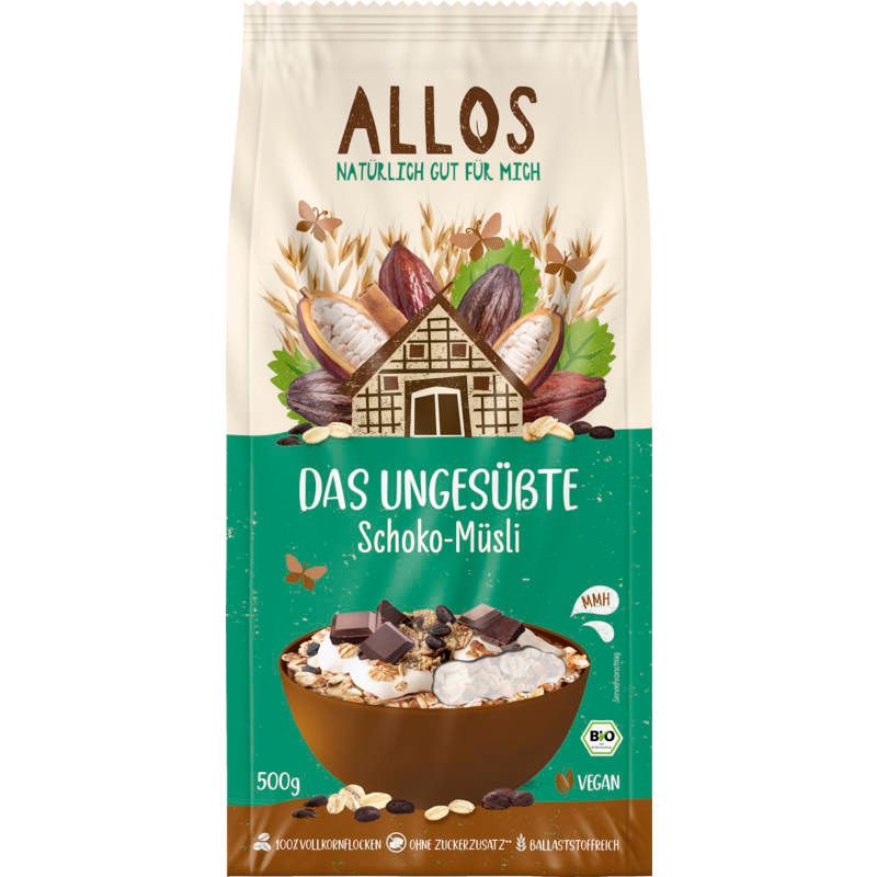 Verpackung von Allos Schoko-Müsli. Oben steht "ALLOS". Darunter "Das Ungesüßte Schoko-Müsli". Bio- und Vegan-Siegel.