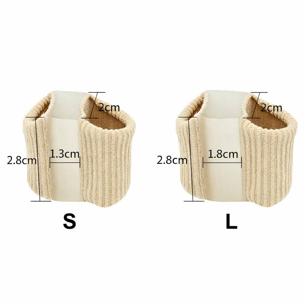 Zwei Zehenspreizer, beige, mit Größenangaben S (2.8x1.3x2cm) und L (2.8x1.8x2cm).