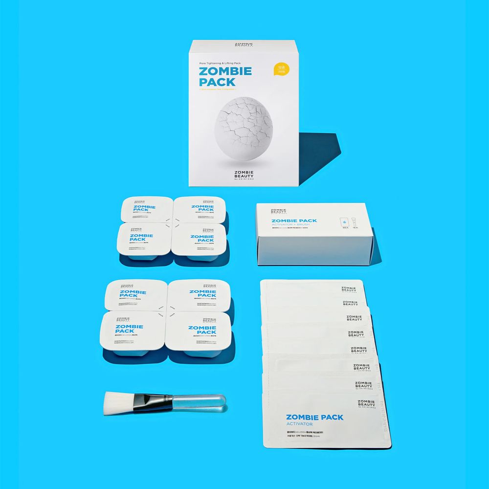 Produktpackung "ZOMBIE PACK" mit Einzelpackungen, Pinsel und Anleitung. Blauer Hintergrund.