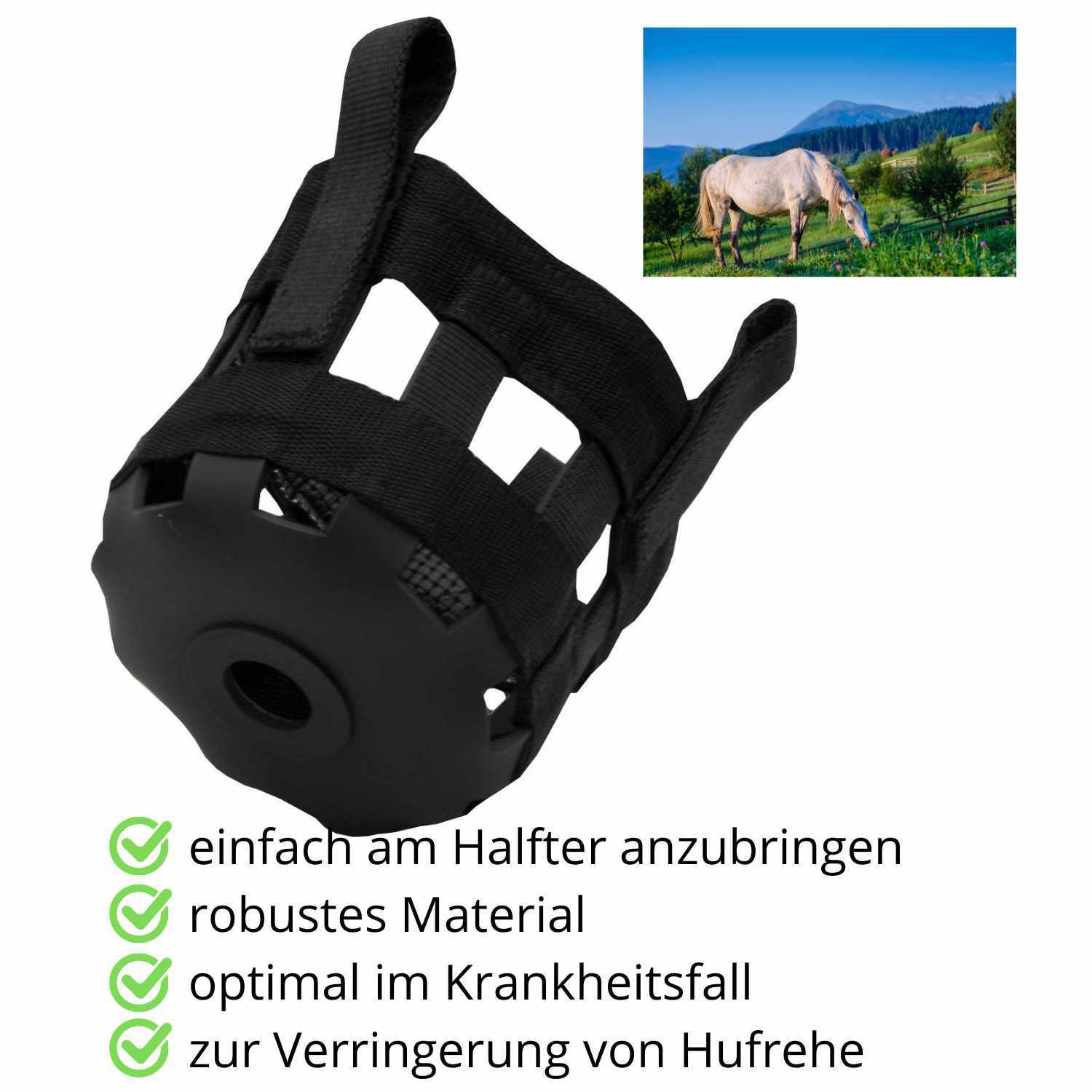 Schwarzer Maulkorb mit Basis. Text: Einfach am Halfter anzubringen, robustes Material, optimal im Krankheitsfall, zur Verringerung von Hufrehe.