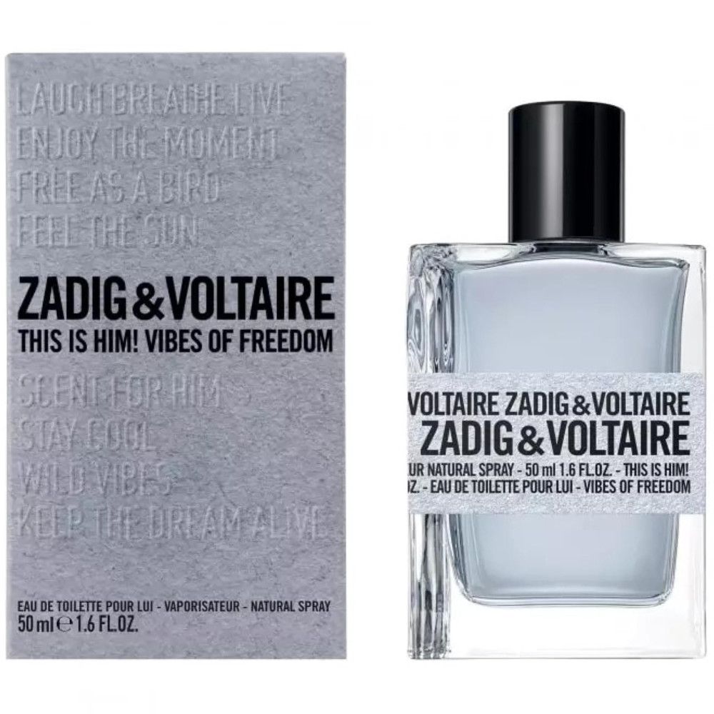 Zadig & Voltaire Eau de Toilette Flakon und Schachtel. Graue Schachtel mit Text. Klares Flakon mit schwarzem Verschluss.