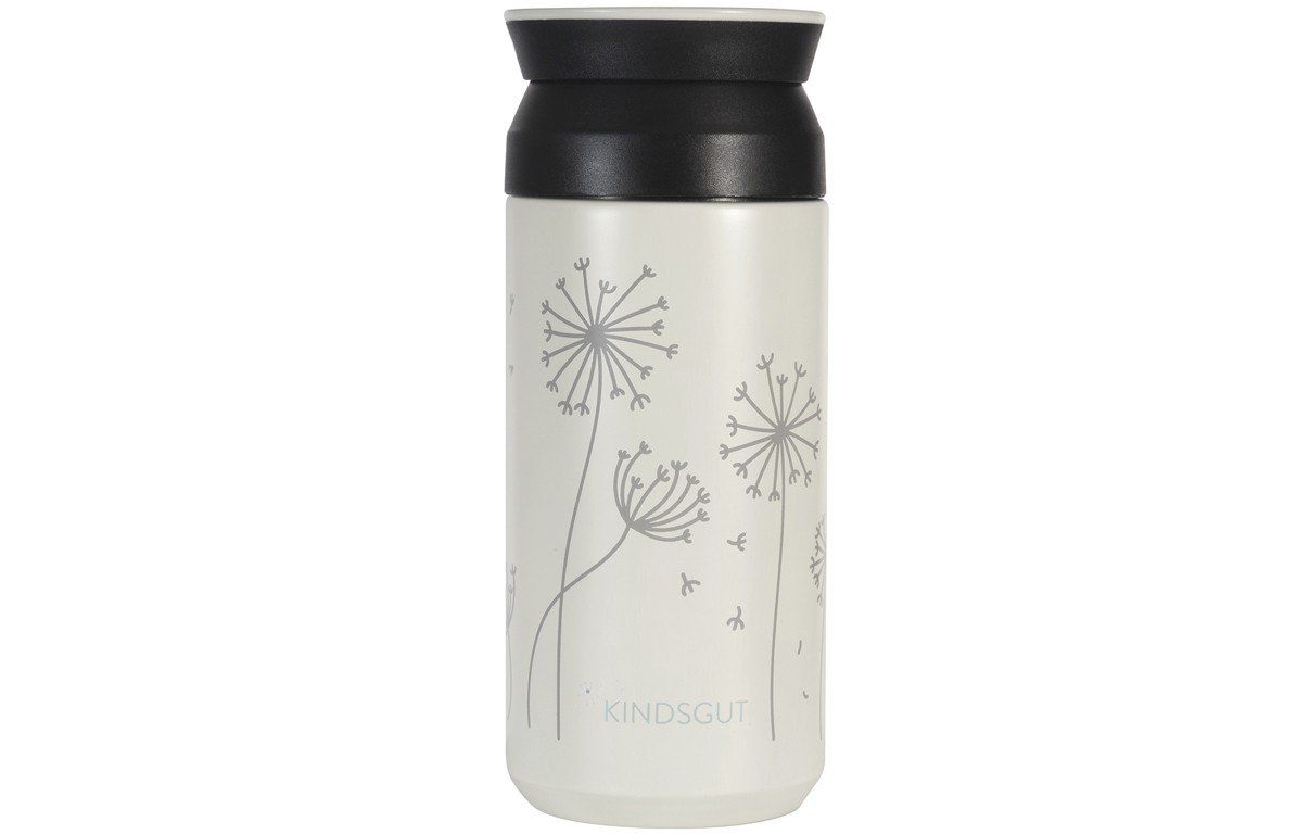 Thermosflasche mit Pusteblumen-Design. Beige mit schwarzem Deckel. Aufschrift: Kindsgut.