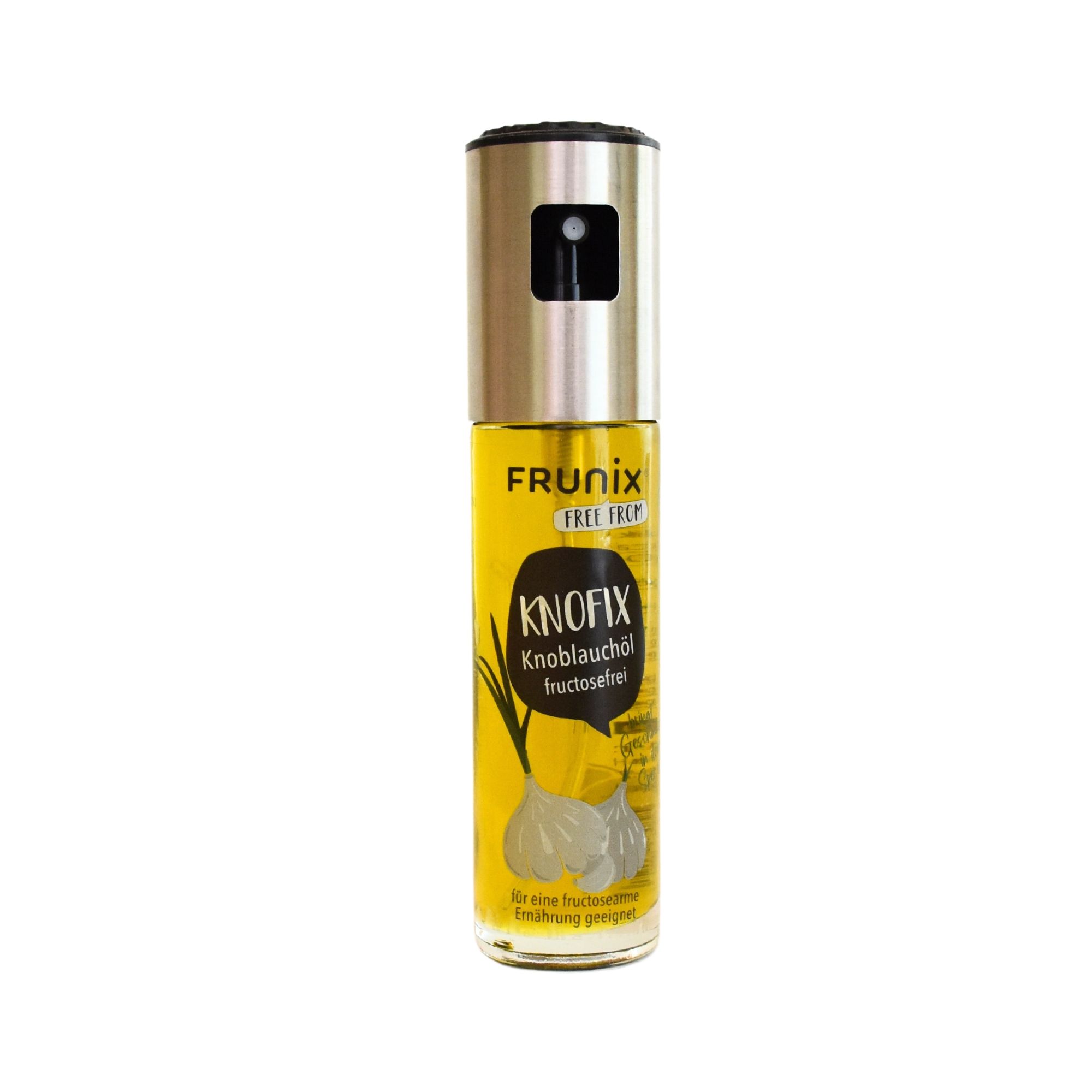Zylindrische Sprühflasche mit gelbem Inhalt. Aufschrift: KNOFIX Knoblauchöl fructosefrei. Silberner Sprühkopf.