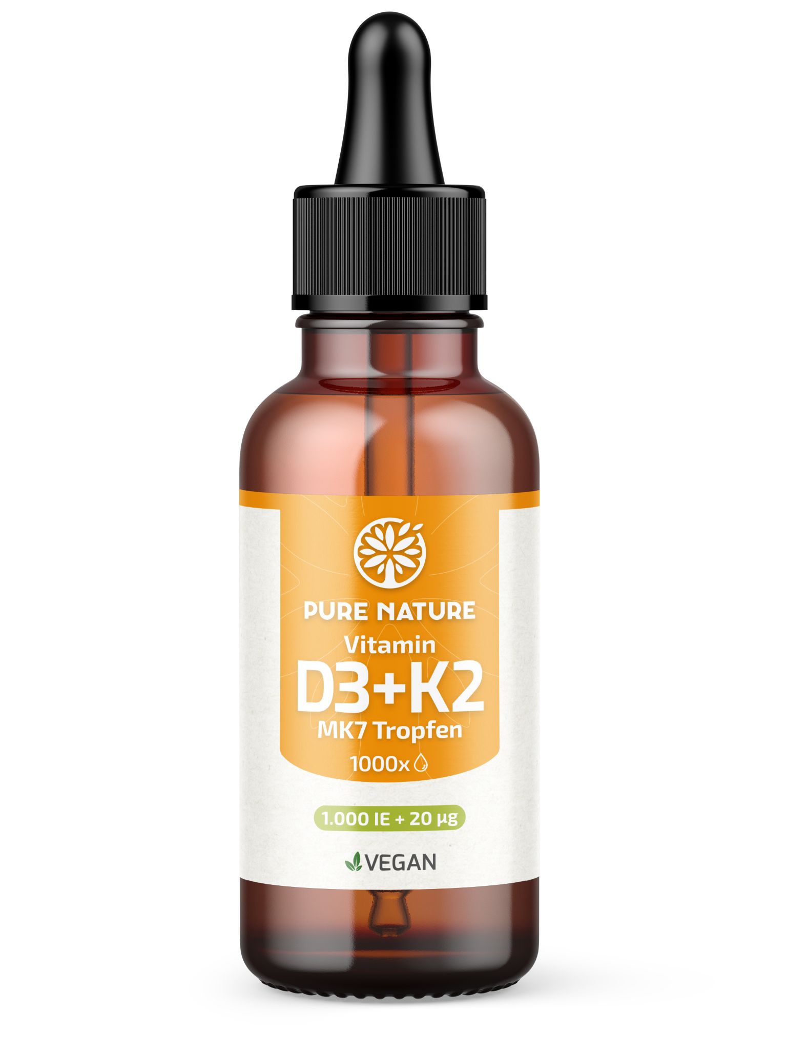 Pure Nature 1000 IE Vitamin D3 K2 Tropfen, Bio-Kokus-MCT C8 Öl >99,8% All Trans 30 ml Mundtropfen
