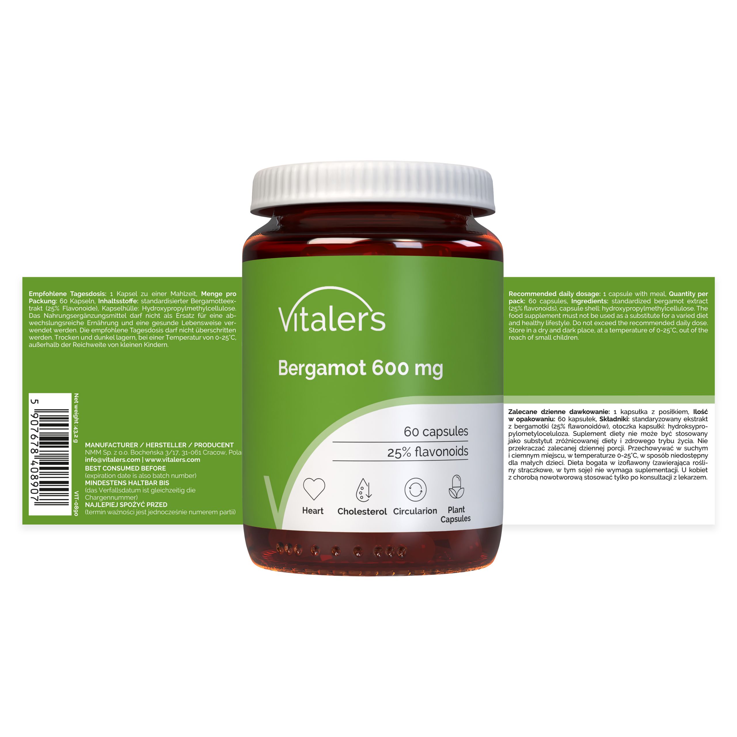 Vitaler’s Bergamotte 600 mg: Braunglasbehälter und Beipackzettel mit detaillierten Informationen.