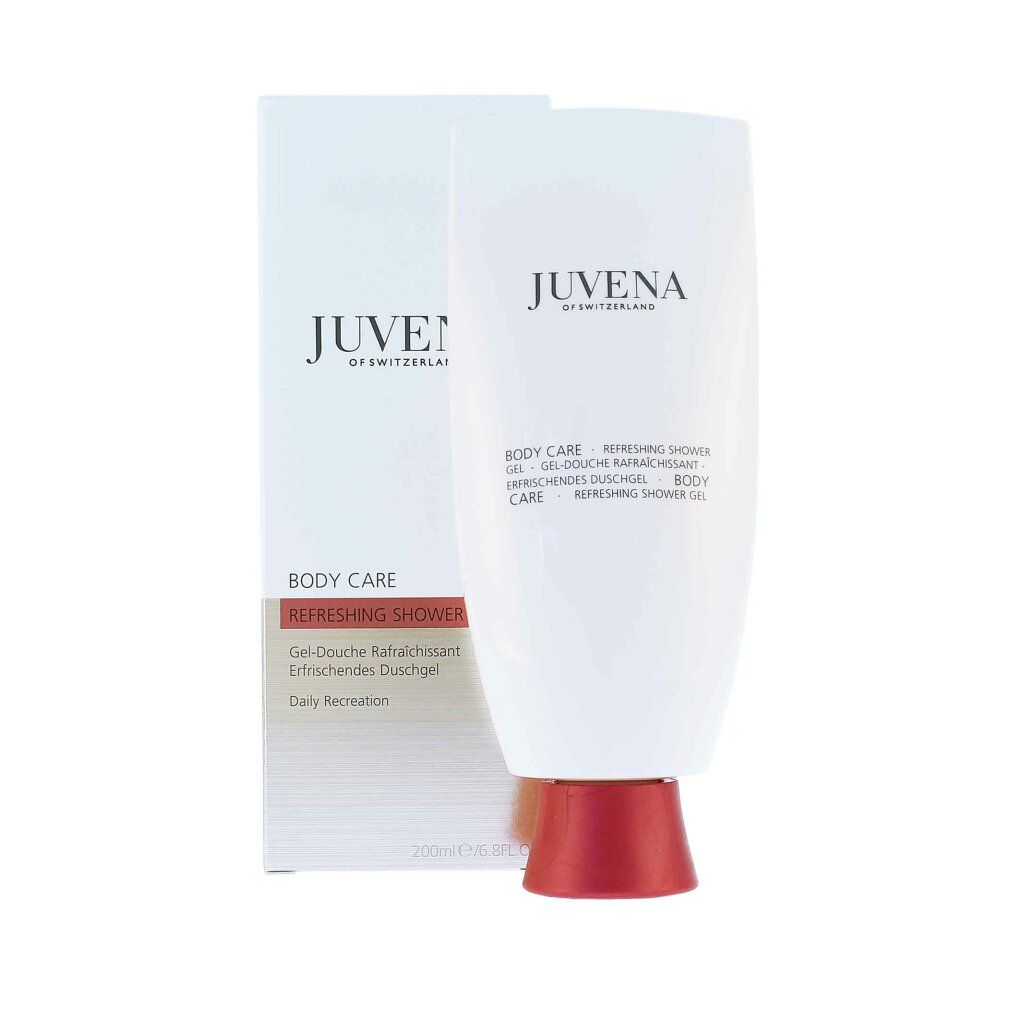 Flakon und Verpackung. Flakon: weiß, rosa Verschluss. Verpackung: weiß, rot. Aufschrift: Juvena, Body Care, Refreshing Shower Gel.