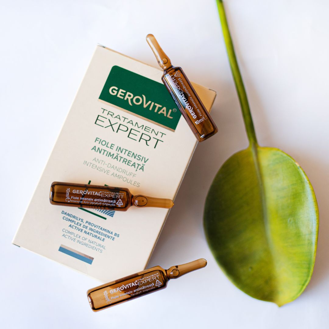 Gerovital Expert Anti-Schuppen Ampullen und Karton. Braune Ampullen.