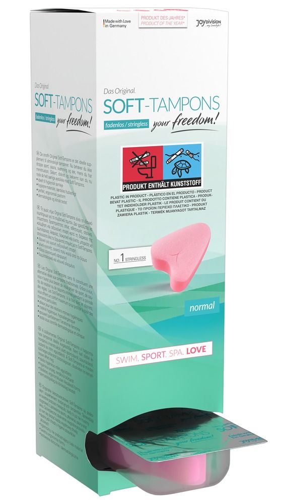 Verpackung mit rosa Soft-Tampons. Text: Das Original SOFT-TAMPONS, normal. Enthält Kunststoff. Für Schwimmen, Sport, Spa, Liebe.