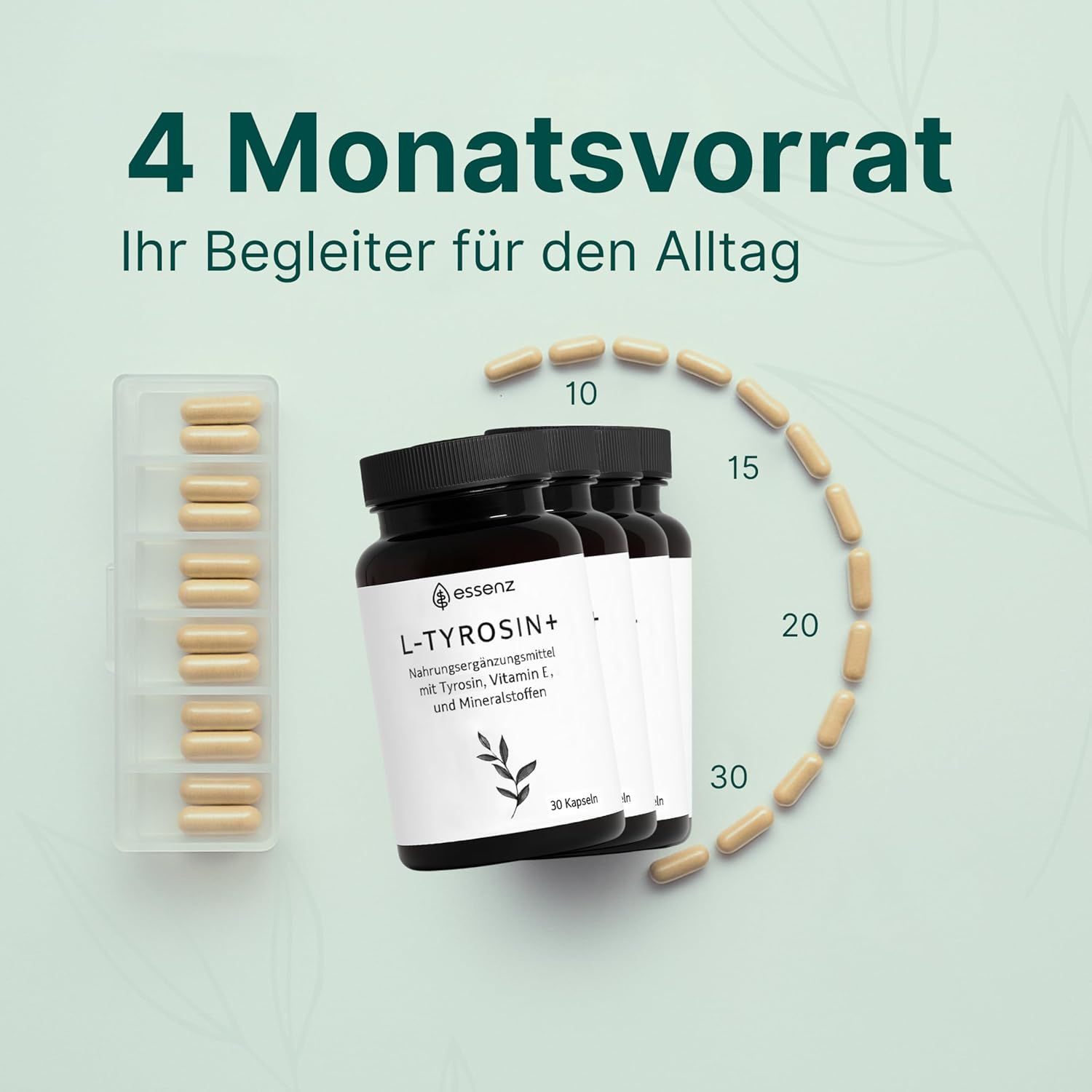 Drei Flaschen ESSENZ L-Tyrosin+ Kapseln und eine Packung Kapseln. Text: 4 Monatsvorrat. Ihr Begleiter für den Alltag. 30 Kapseln.