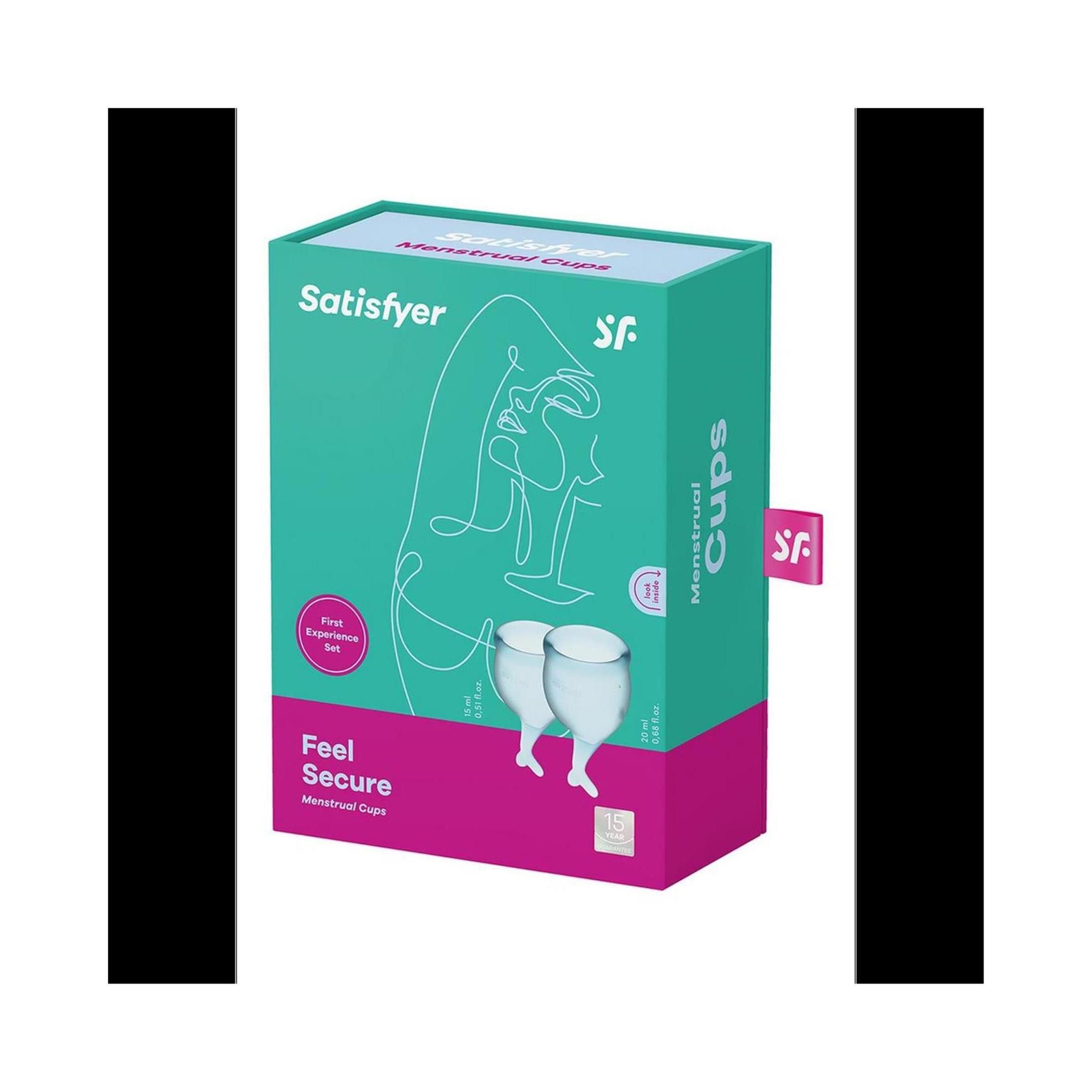 Verpackung des Menstruationscupsets. Türkis-rosa Box mit Produktname und Abbildung. Enthält zwei Cups.