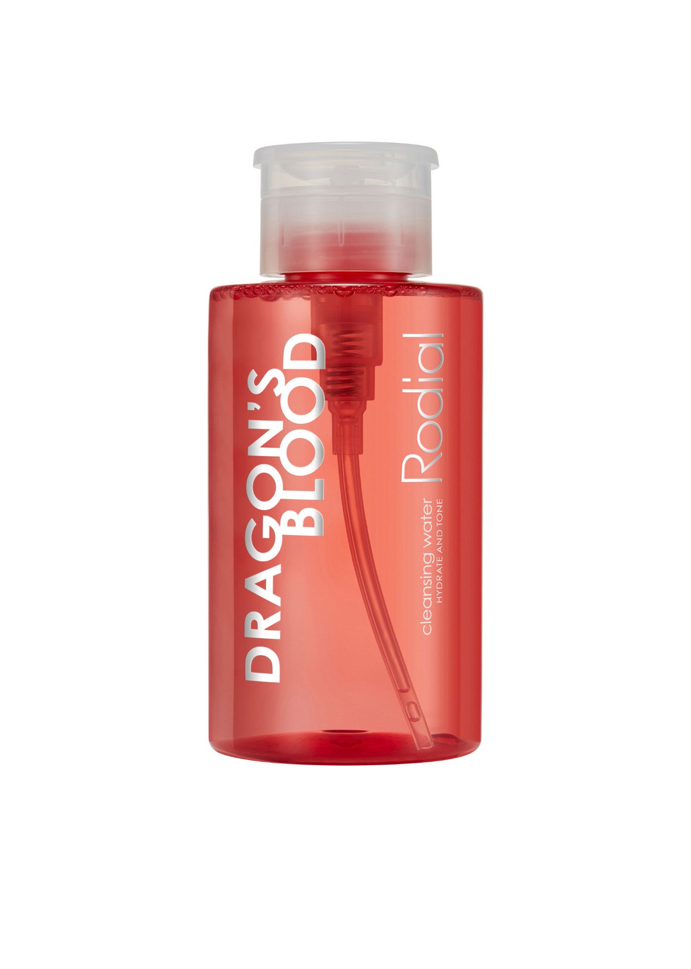 Rote Flasche mit weißem Pumpverschluss. Aufschrift: Dragon's Blood und Rodial. Flüssigkeit sichtbar.