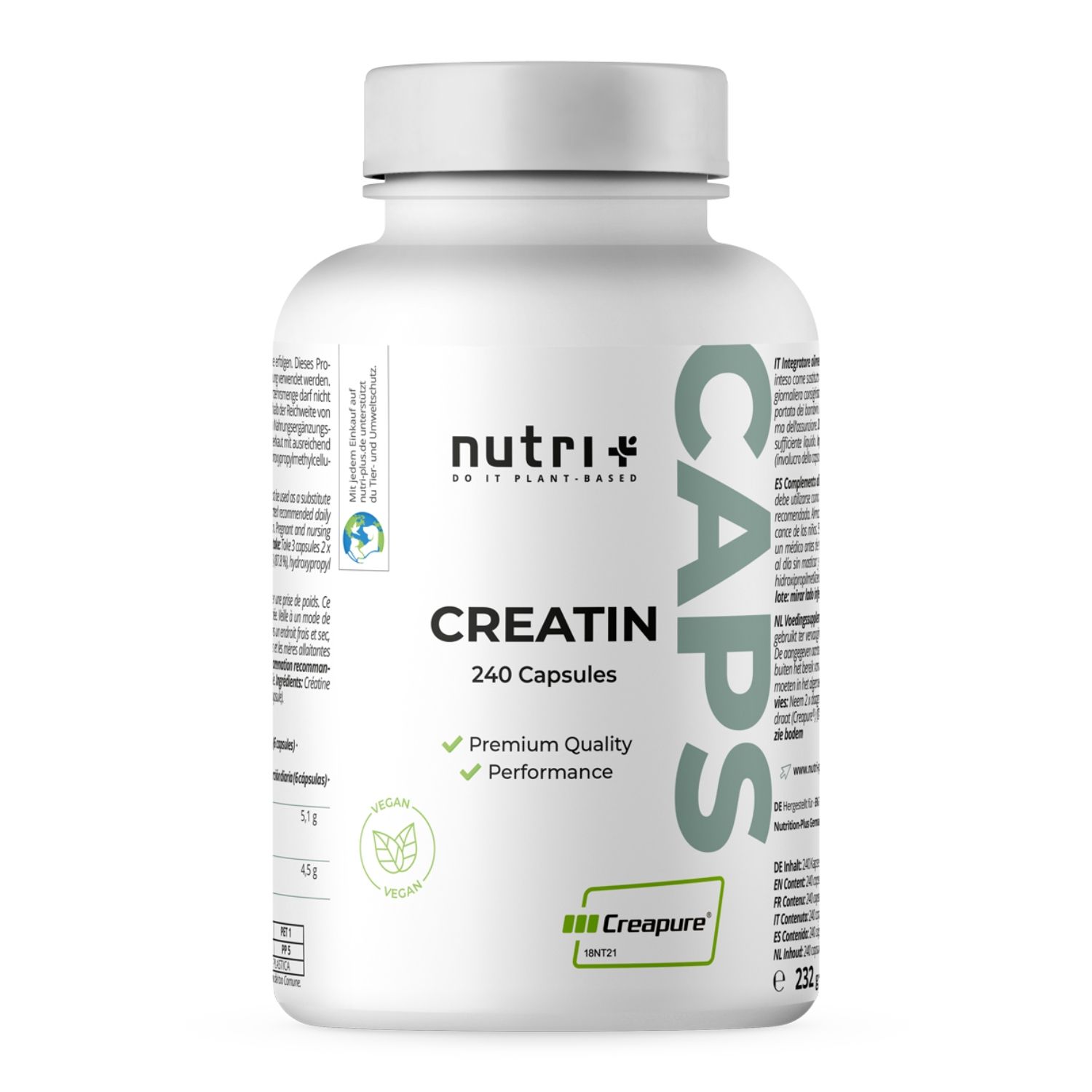 Weiße Dose mit nutri+ Creatin Kapseln, 240 Stück. Mit Creapure® Logo.