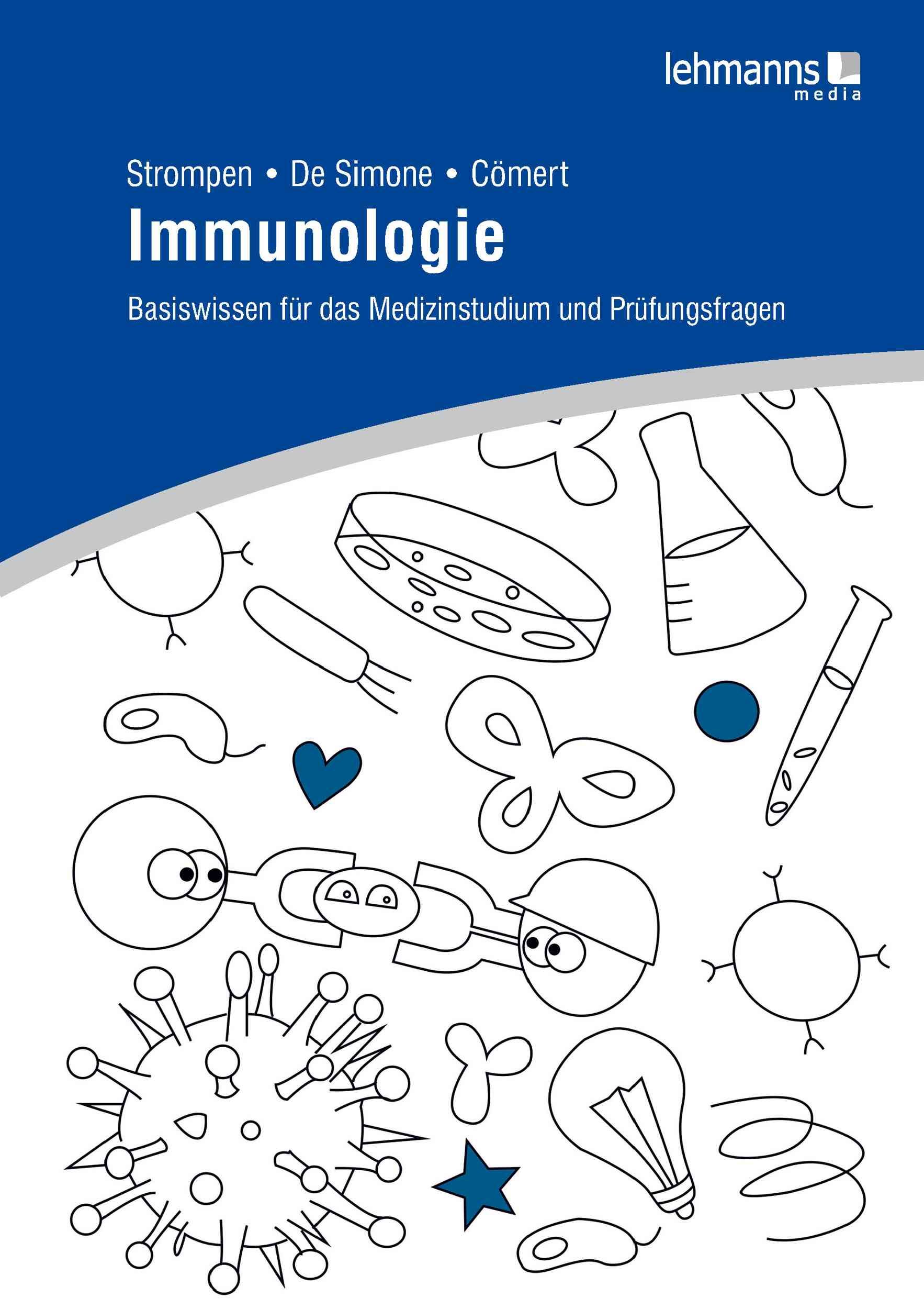 Buchcover mit dem Titel "Immunologie". Illustrierte Zeichnungen von wissenschaftlichen Elementen. Autorennamen und Verlagslogo.