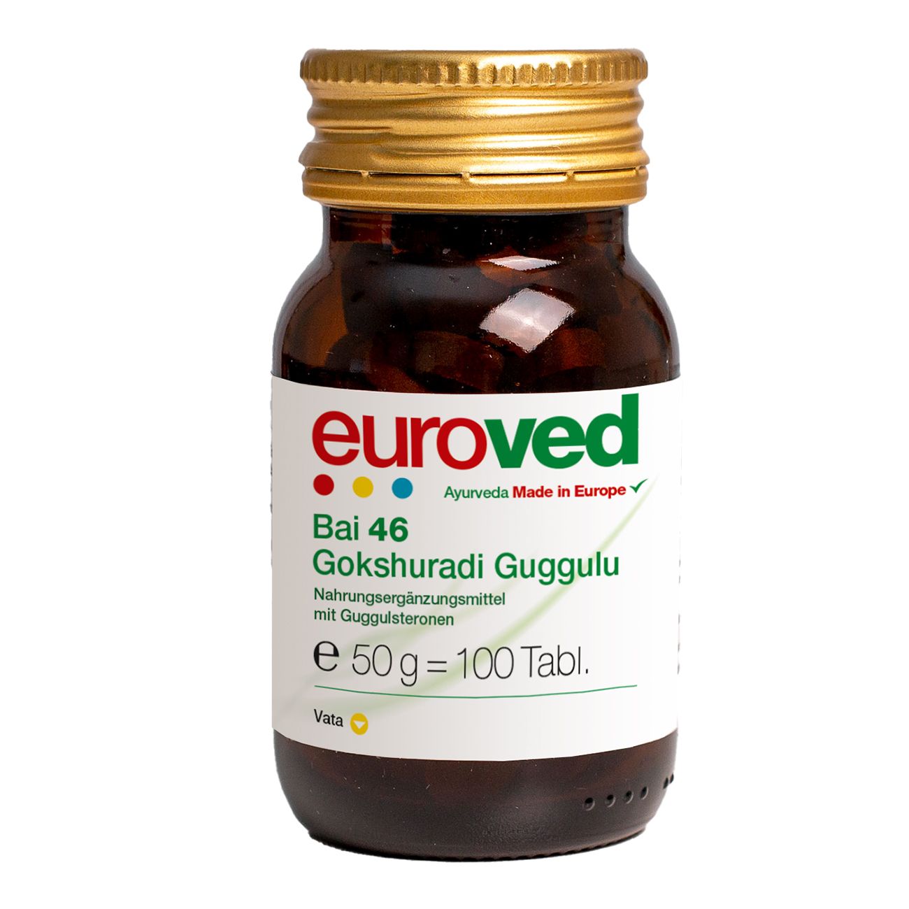 Braune Glasflasche mit goldenem Deckel. Aufschrift: euroved, Bai 46, Gokshuradi Guggulu. Nahrungsergänzungsmittel.