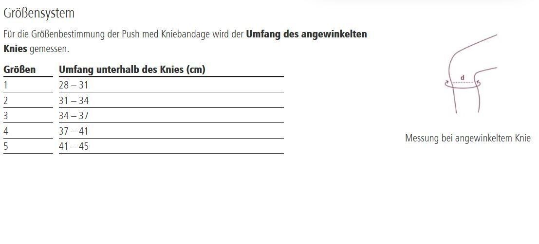 Größentabelle für Kniebandagen. Enthält Größenangaben und eine Illustration zur Messung des Knies.