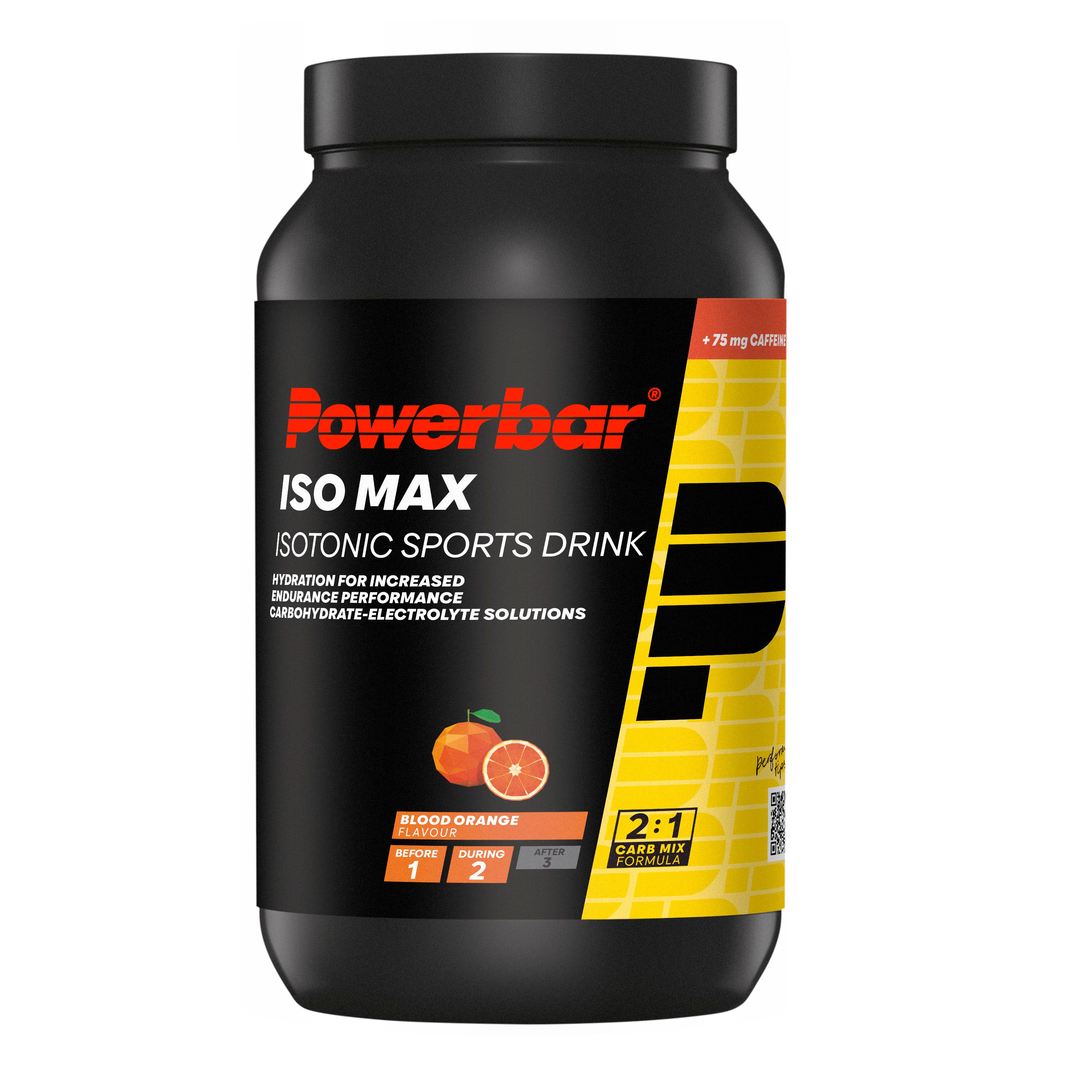 Schwarze Dose Powerbar Iso Max. Aufschrift: Iso Max, isotonisches Sportgetränk. Mit +75 mg Koffein. Blutorange abgebildet.