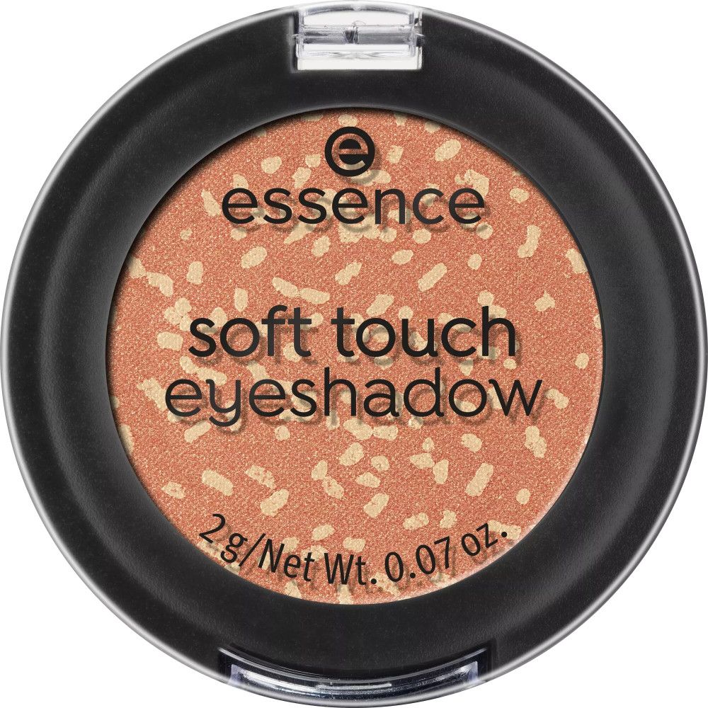 Essence Soft Touch Lidschatten, orangefarben mit hellen Punkten, in schwarzem Behälter. Produktinformationen.