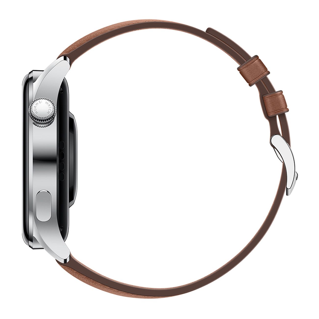 Smartwatch-Seitenansicht. Edelstahlgehäuse, braunes Lederarmband, Krone.