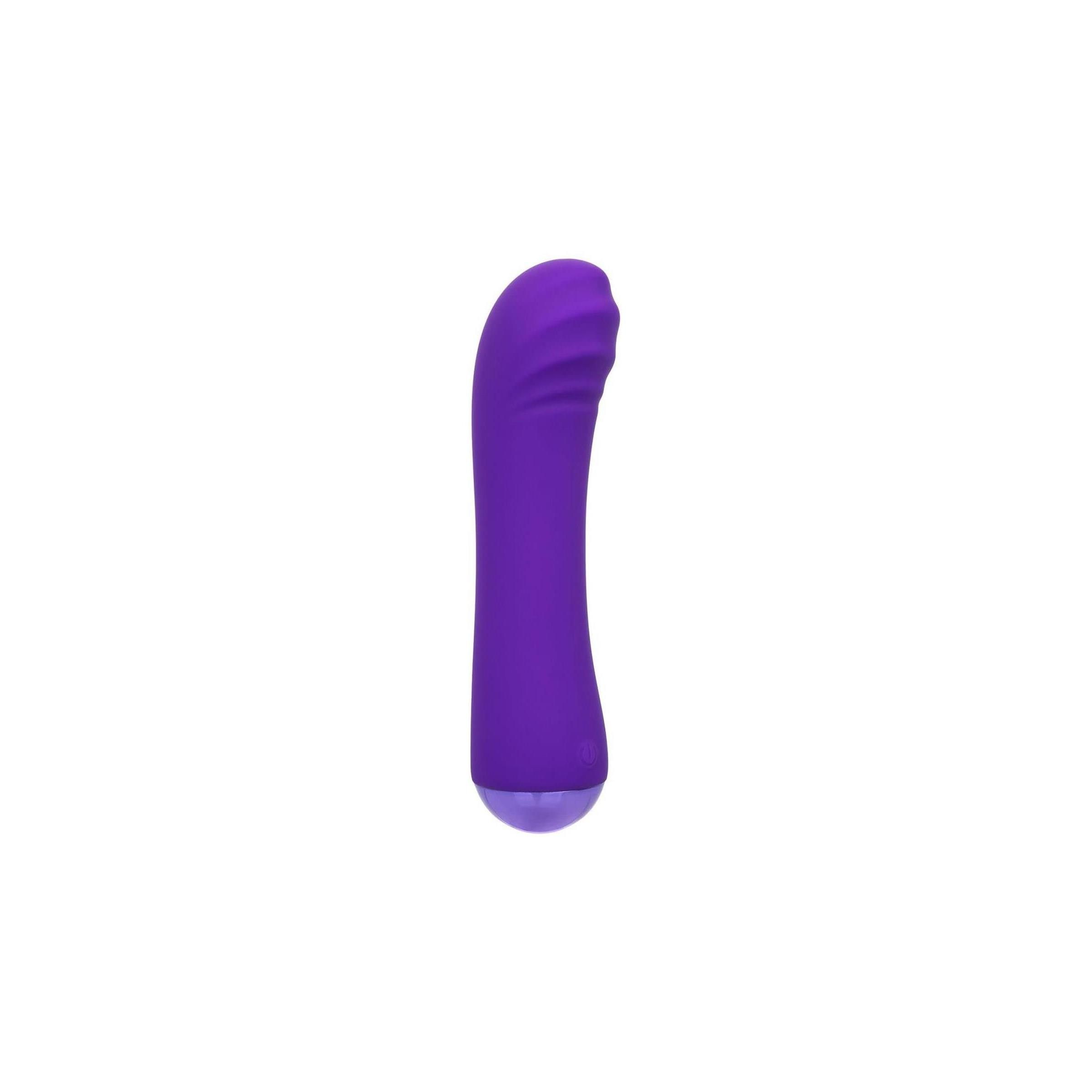 Lila Vibrator mit geriffelter Oberfläche. Gebogene Form mit abgerundeter Spitze und Basis.