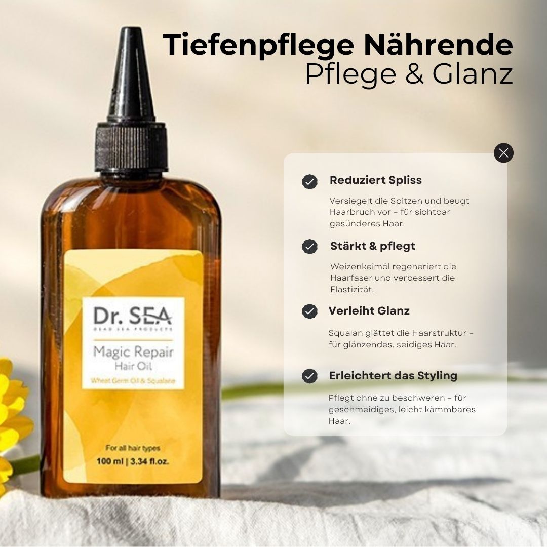 Flasche mit Haaröl, Textbox mit Vorteilen: Reduziert Spliss, stärkt & pflegt, verleiht Glanz, erleichtert das Styling.