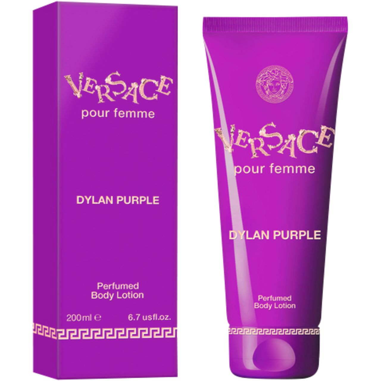 Lila Körperlotion-Tube und -Verpackung. Goldfarbener Schriftzug: Versace pour femme, Dylan Purple. 200ml, 6.7 us fl.oz.