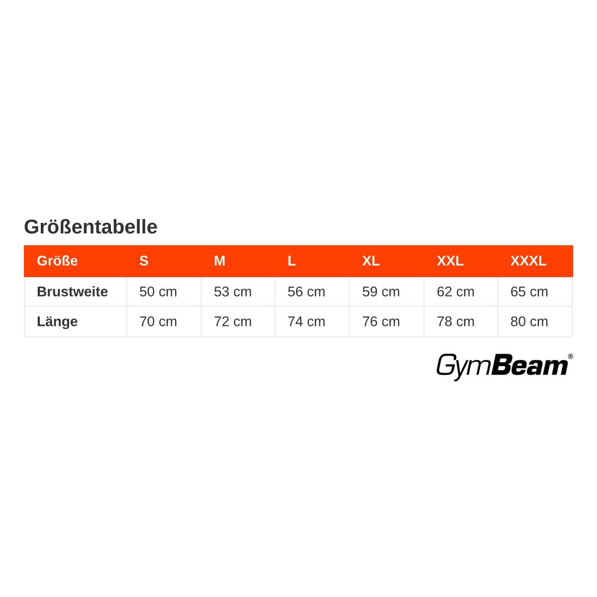 Größentabelle für GymBeam T-Shirts mit Brustweite und Länge.