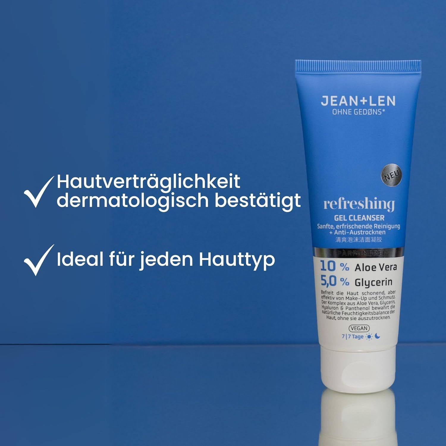 Blau-weiße Tube. Text: Dermatologisch bestätigt, ideal für jeden Hauttyp. Marke: Jean & Len. Text: 10% Aloe Vera, 5,0% Glycerin.
