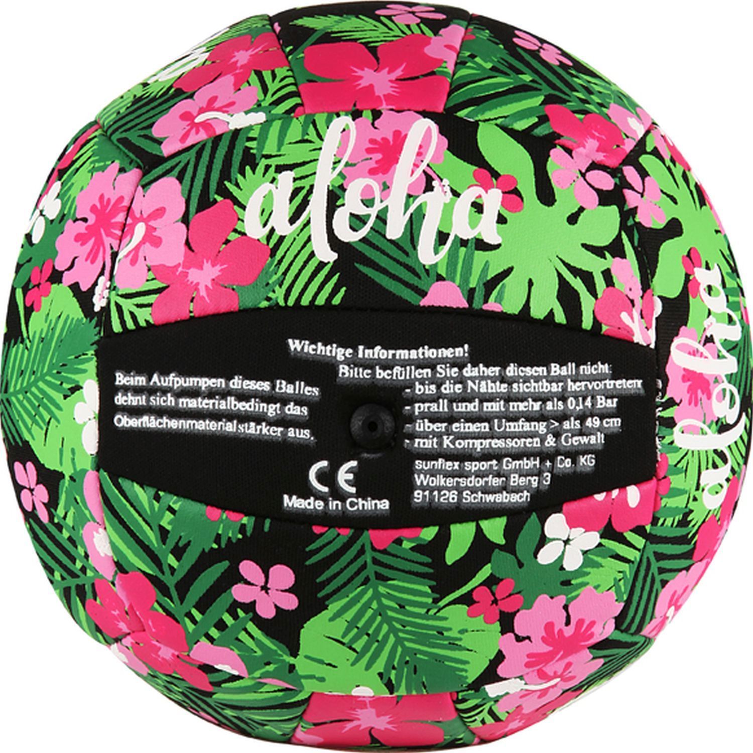 Ball mit tropischem Blumenmuster. Rückseite mit Text und Logo. Schwarzes Band mit Sunflex-Logo. Grün, Pink, Schwarz.