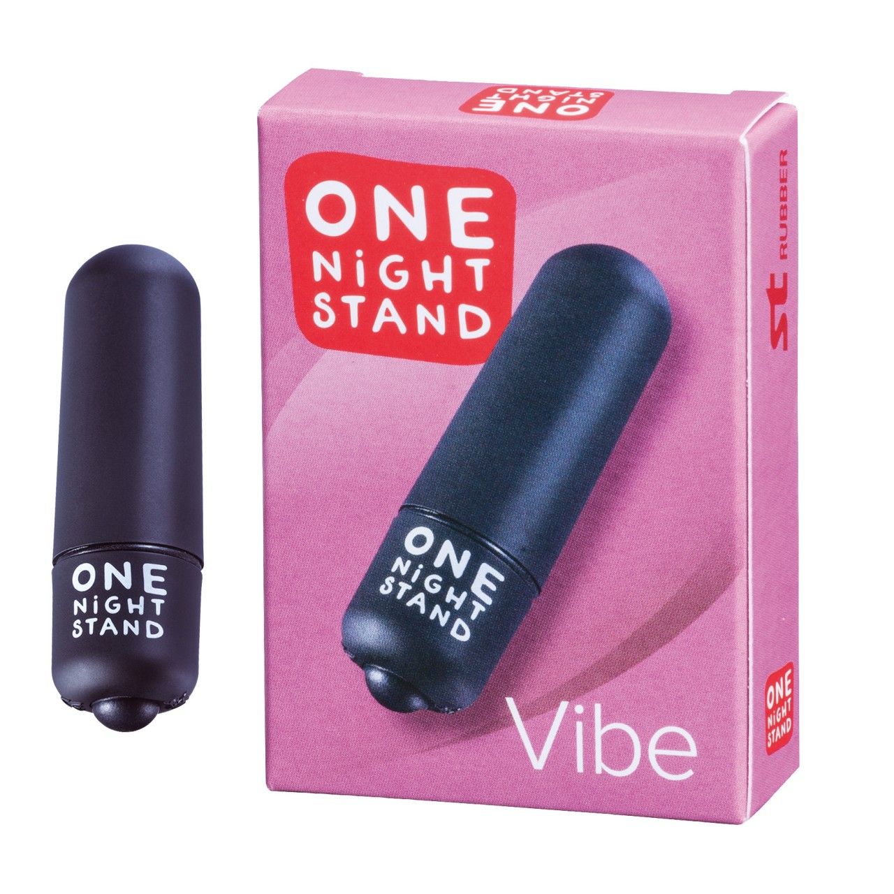 Schwarzer Vibrator neben rosa Verpackung. Auf der Verpackung steht "ONE NIGHT STAND" und "Vibe".
