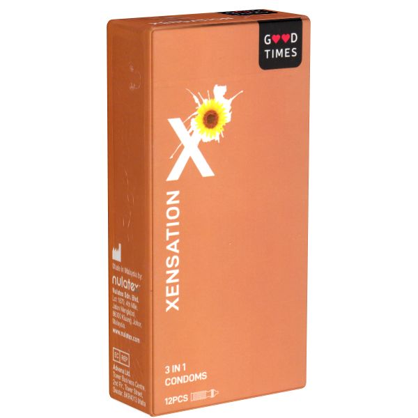 Kondom-Verpackung. Orangefarbener Karton mit "Good Times"-Logo, "Xensation" und "3 in 1 Condoms". 12 Stück.