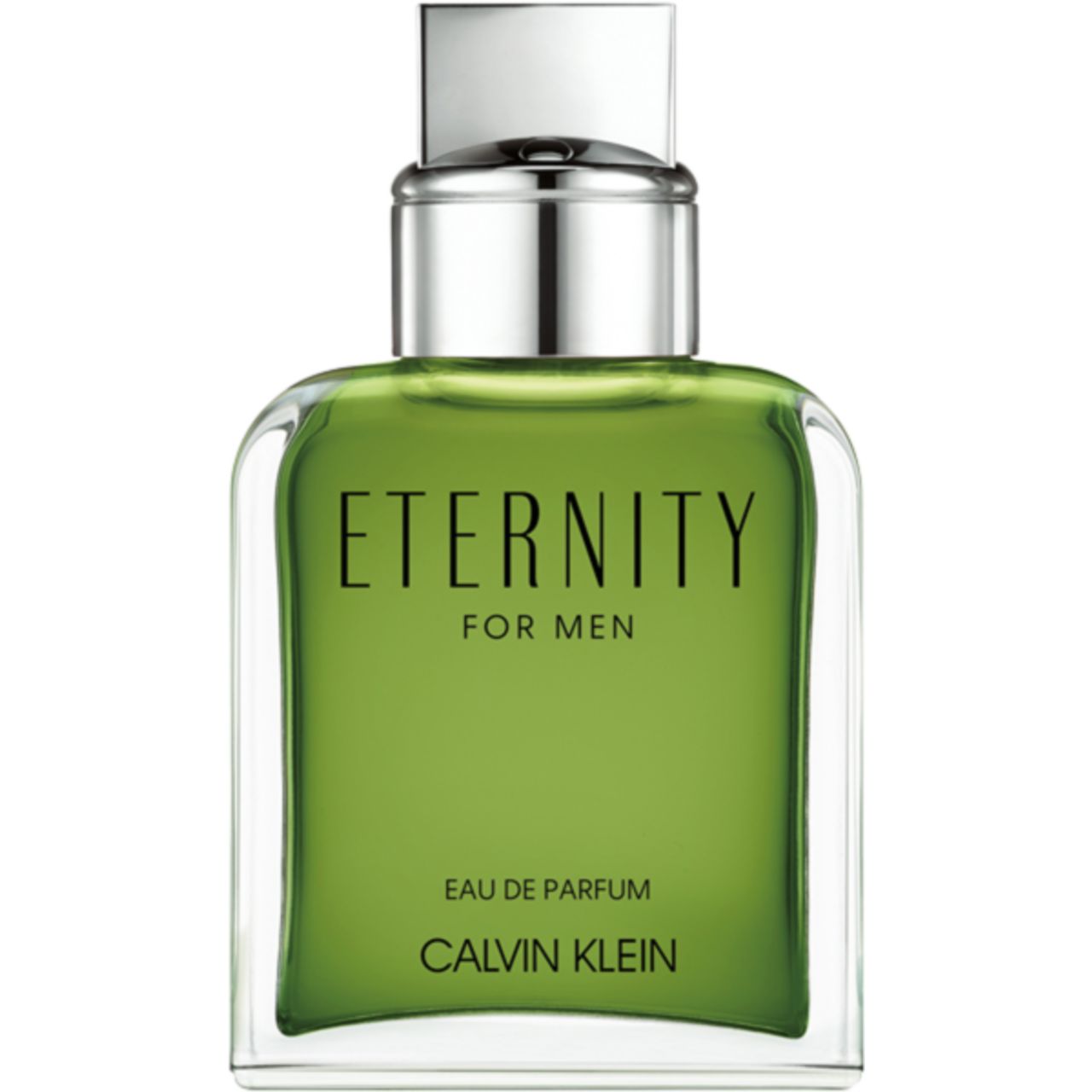Grüner Flakon mit silbernem Verschluss. Schriftzug: Eternity For Men, Eau de Parfum, Calvin Klein.