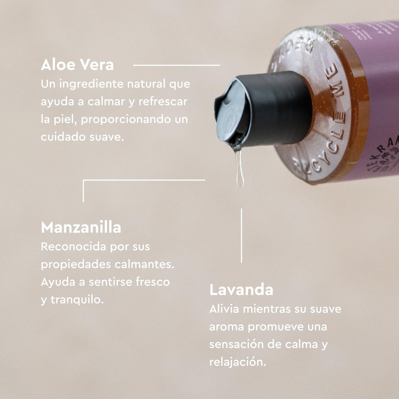 Nahaufnahme einer Flasche. Tropfende Flüssigkeit. Text: Aloe Vera, Kamille, Lavendel. Produktinformationen.