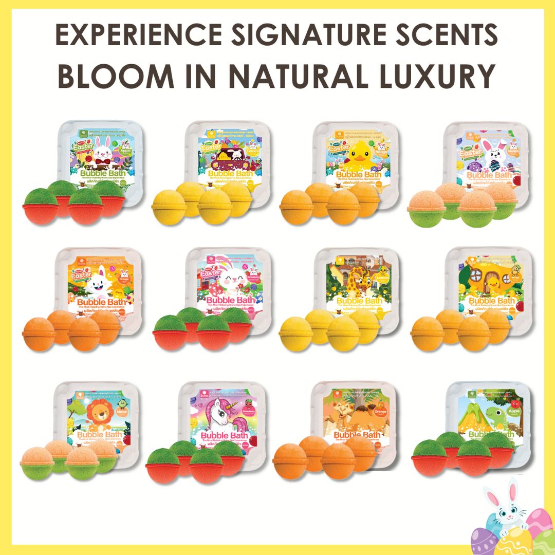 Verschiedene Verpackungen mit Badebomben. Text: Experience Signature Scents. Mehrere Farben und Designs.