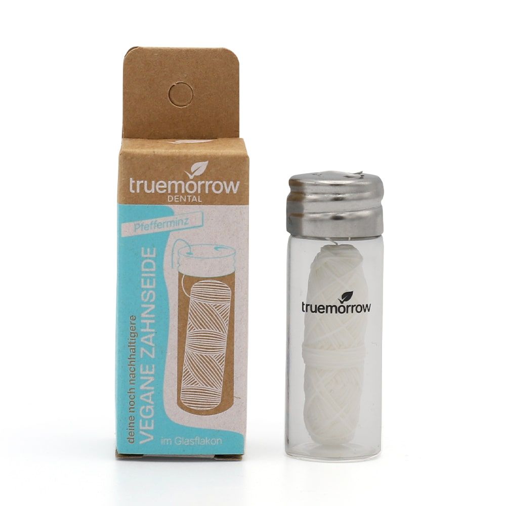 truemorrow Vegane Zahnseide, plastikfrei und nachfüllbar Glasflakon / Minze (weiß)