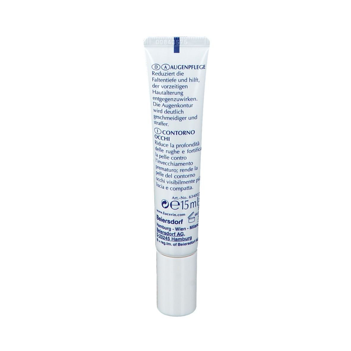 Rückseite einer Tube mit Produktinformationen in Deutsch und Italienisch. Text in Schwarz und Blau.