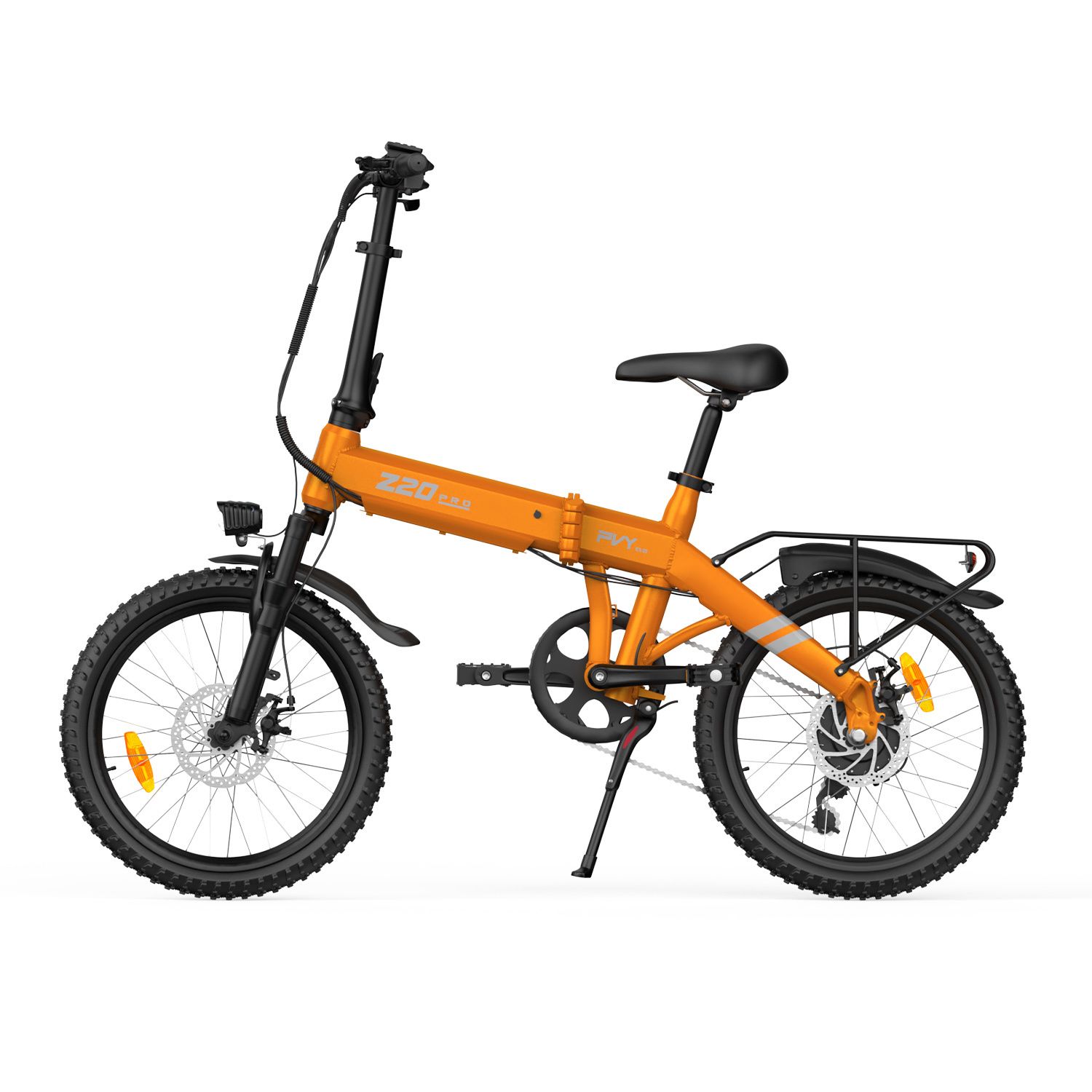 Orangefarbenes Klapp-E-Bike mit schwarzem Rahmen, Gepäckträger und Scheinwerfer. Aufschrift Z20 PRO EVO.